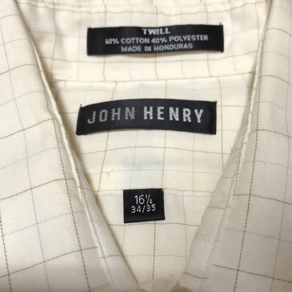 JOHN HENRY—VTG—Men’s Cream Plaid LS Twill Dress Shirt—16 1/2 Neck, 34/35 Sleeve - Picture 3 of 11